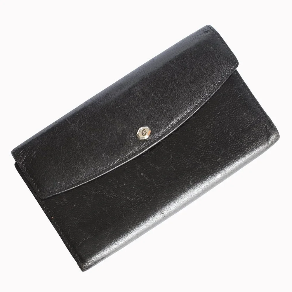 Bosca Wallet with Check Book Holder Black Leather Trifold Vintage